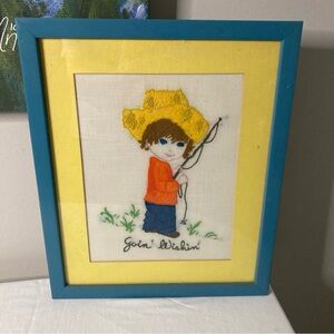 Vintage 70's Coats & Clark  Framed Crewel Art Boy Moppet Going Wishin' 14x11